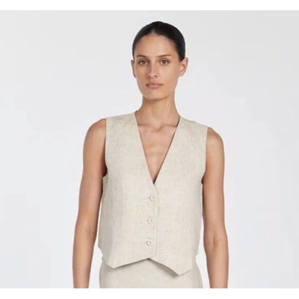 NEW DISSH Womens 6 Banks Oatmeal Linen Vest Top V-Neck Button Up Sleeveless Chic